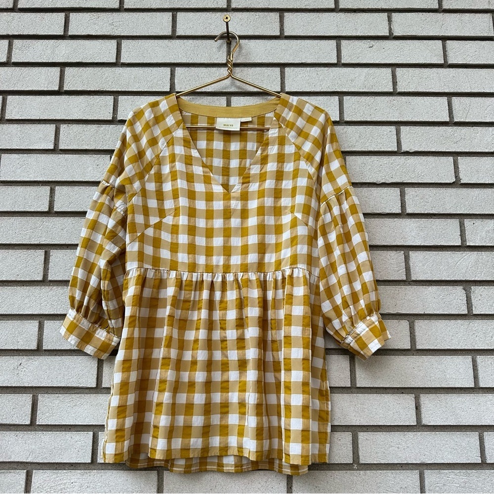Maeve‎ Anthropologie April Gingham Babydoll Blouse Mustard Yellow Check S - Picture 3 of 10